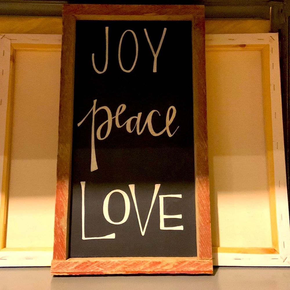 Joy peace love decoration sign distressed wood frame with chalk like white Hangs
